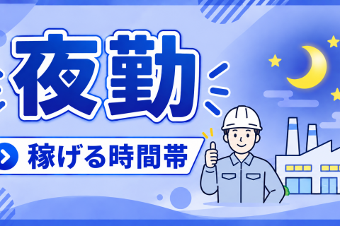 夜勤求人バナー 工場と笑顔の作業員